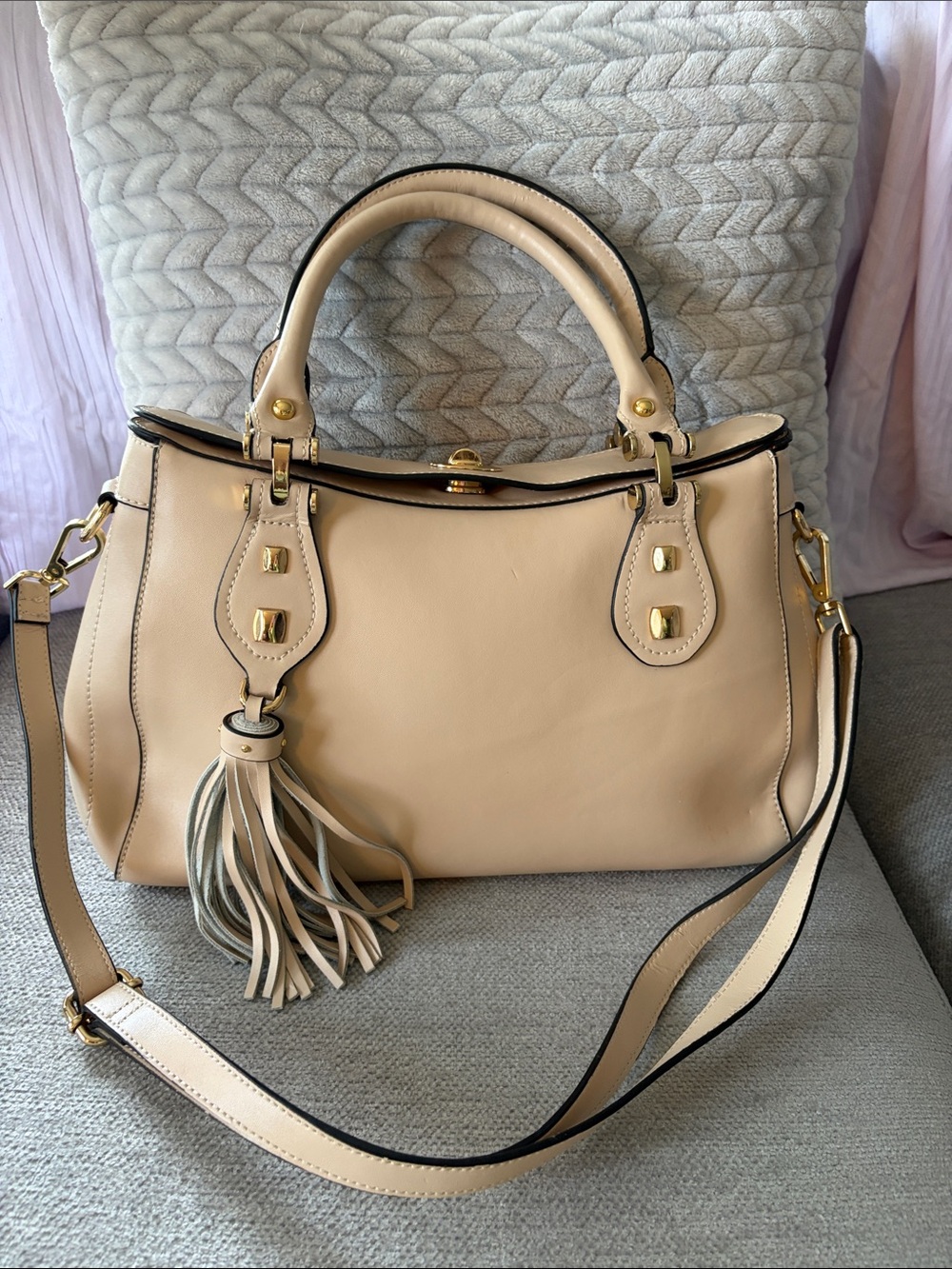 Danier Beige Leather Tassel Satchel Handbag - Women's Bag